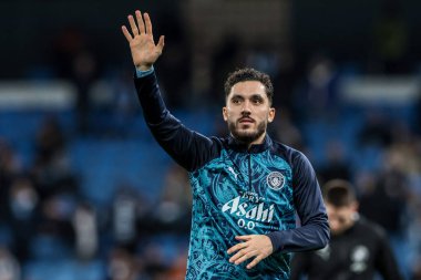 Manchester City 'den Rayan Cherki, 28 Ocak 2026 tarihinde Manchester Stadyumu' nda oynanan 8 maçta oynanan UEFA Şampiyonlar Ligi Maç öncesi ısınma maçında Manchester City 'ye karşı Galatasaray maçında