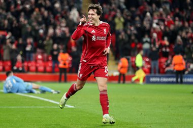 Liverpool 'lu Federico Chiesa, 28 Ocak 2026 tarihinde Liverpool, Liverpool' da oynanan 8 maçta UEFA Şampiyonlar Ligi Maçı 'nı 6-0 kazanma hedefini kutluyor.
