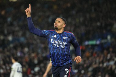 Arsenal 'den Gabriel Jesus, Premier Lig maçı Leeds United ve Arsenal maçında 31 Ocak 2026' da Leeds, İngiltere 'deki Elland Road' da 0-4 'lük galibiyetini kutluyor.