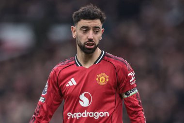 Manchester United ile Manchester United arasındaki Premier League maçında Bruno Fernandes, Old Trafford, Manchester, İngiltere 'de 1 Şubat 2026' da Fulham 'a karşı.