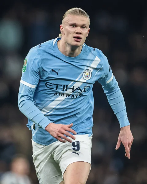 Manchester City 'den Erling Haaland, 4 Şubat 2026' da Etihad Stadyumu 'nda Manchester City' nin Newcastle United 'a karşı oynadığı Carabao Kupası yarı final maçında