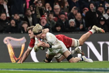 İngiltere 'den Henry Pollock, 7 Şubat 2026' da İngiltere 'nin Allianz Stadyumu' nda Galler 'e karşı oynadığı Guinness Altı Milletler 2026 karşılaşmasında bir deneme için sahaya çıkıyor.