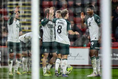Middlesbrough 'dan Riley McGree, 9 Şubat 2026' da İngiltere 'nin Sheffield Lane kentindeki Bramall Lane' de oynanan Sky Bet Şampiyonası maçında 0-2 'lik galibiyetini kutluyor.