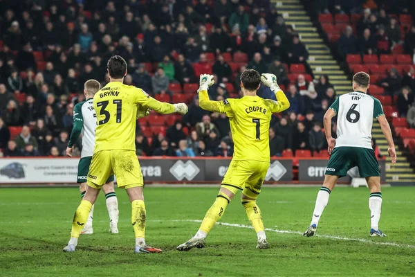 Sheffield United kalecisi Michael Cooper, Middlesbrough kalecisi Sol Brynn 'i tutuyor. Sheffield United, Bramall Lane Middlesbrough' da oynanan Sky Bet Şampiyonası maçında skoru eşitlemek için son golü atıyor.