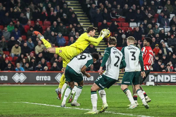 Middlesbrough kalecisi Sol Brynn, 9 Şubat 2026 tarihinde İngiltere 'nin Sheffield Lane kentindeki Bramall Lane' de oynanan Gökyüzü İddia Şampiyonası maçında yüksek topu kazanmak için sıçradı.