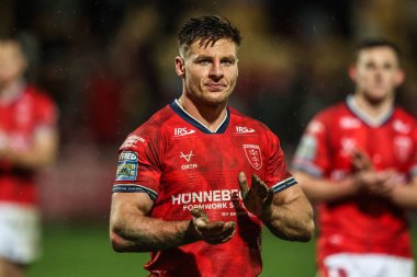 Hull KR 'dan Tom Davies, 12 Şubat 2026 tarihinde İngiltere' nin Lincoln kentindeki LNER Community Stadyumu 'nda oynanan Betfred Süper Lig Birinci Maçı' nda taraftarları alkışlıyor.