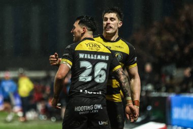 York Knights takımından Scott Galeano, 12 Şubat 2026 'da İngiltere' nin Lincoln kentinde oynanan Betfred Süper Lig Turnuvası 'nda York Knights vs Hull KR karşılaşmasını kutluyor.
