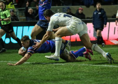 Wakefield Trinity 'den Cameron Scott, 14 Şubat 2026' da Birleşik Krallık 'ın Wakefield kentindeki DIY Kitchens Stadyumu' nda oynanan Wakefield Trinity - Toulouse Olympique maçında bir deneme turuna çıkıyor.