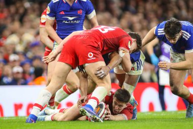 Galler 'den Josh Adams, 15 Şubat 2026' da İngiltere 'nin Cardiff kentindeki Principality Stadyumu' nda oynanan Galler ve Fransa maçında topu yere atıyor.