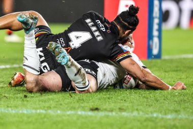 Joe Batchelor of Hull FC goes over for a try during the Betfred Super League round 1 match Hull FC vs Bradford Bulls at MKM Stadium, Hull, United Kingdom on 14 February 2026