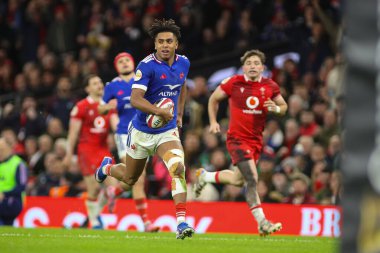 Fransız Theo Attissogbe, 15 Şubat 2026 'da İngiltere' nin Cardiff kentindeki Principality Stadyumu 'nda oynanan Galler - Fransa maçında takımı için bir deneme yaptı.