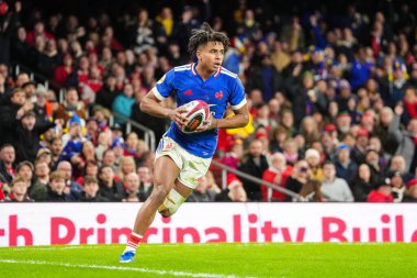 Fransız Theo Attissogbe, 15 Şubat 2026 'da İngiltere' nin Cardiff kentindeki Principality Stadyumu 'nda oynanan Galler - Fransa maçında takımı için bir deneme yaptı.