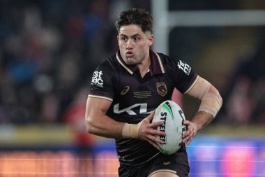 Brisbane Broncos takımından Ben Talty, 19 Şubat 2026 tarihinde MKM Stadyumu 'nda oynanan Dünya Kulüpler Kupası 2026 karşılaşmasında ısınma turunda Hull KR, Brisbane Broncos' a karşı.