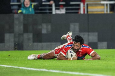 Hull KR takımından Peta Hiku, 19 Şubat 2026 tarihinde İngiltere 'nin Hull kentindeki MKM Stadyumu' nda oynanan Dünya Kulüpler Kupası 2026 karşılaşmasında bir deneme için sahaya çıkıyor.