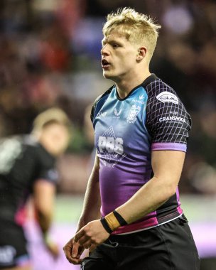 Hull FC 'den Matty Laidlaw, 21 Şubat 2026' da İngiltere 'nin Wigan şehrindeki Brick Community Stadyumu' nda oynanan Betfred Süper Lig maçı sırasında ısınma turunda Wigan Warriors vs Hull FC 'ye karşı.