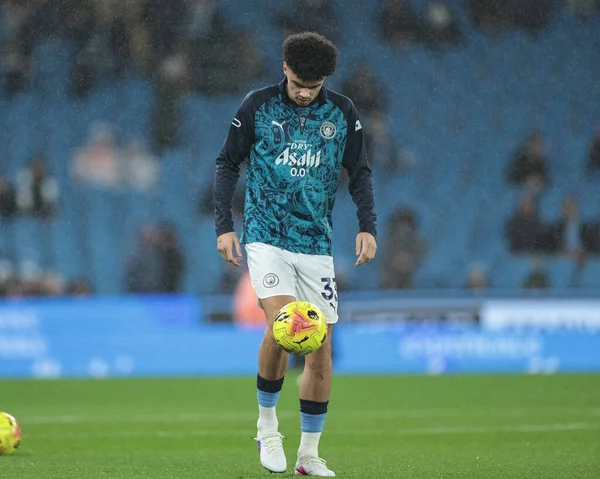 Nico O'Reilly of Manchester City in the pregame warmup session during the Premier League match Manchester City vs Newcastle Untied at Etihad Stadium, Manchester, United Kingdom on 21 February 2026