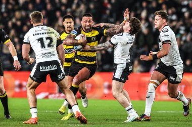 Hull FC 'den Amir Bourouh ve Hull FC' den Jed Cartwright, 27 Şubat 2026 'da MKM Stadyumu' nda oynanan Betfred Süper Lig karşılaşmasında York Knights 'a karşı Hull FC maçında York Knights' ı yendi.