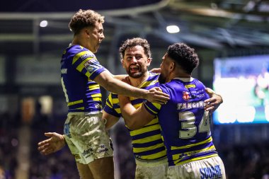 Warrington Wolves 'dan Toby King, 28 Şubat 2026' da İngiltere 'nin Warrington kentinde oynanan Betfred Süper Lig 3. tur karşılaşmasında Warrington Wolves' a karşı Wakefield Trinity 'yi kutluyor.