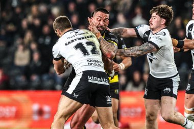 Hull FC 'den Amir Bourouh ve Hull FC' den Jed Cartwright, 27 Şubat 2026 'da MKM Stadyumu' nda oynanan Betfred Süper Lig karşılaşmasında York Knights 'a karşı Hull FC maçında York Knights' ı yendi.