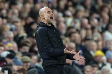 Manchester City teknik direktörü Pep Guardiola, 28 Şubat 2026 tarihinde İngiltere 'nin Elland Road kentinde oynanan Premier League maçında Leeds United ve Manchester City maçında teknik alanda tepki gösterdi.