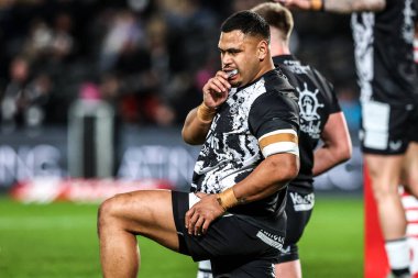 Hull FC 'den Herman Ese' ese, 27 Şubat 2026 'da İngiltere' nin Hull kentinde oynanan Betfred Süper Lig karşılaşmasında ısınma turunda Hull FC, York Knights 'a karşı.