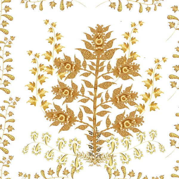seamless pattern with vintage golden and doodles element. Classic pattern. White background.