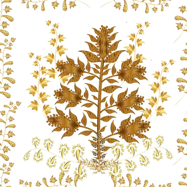 seamless pattern with vintage golden and doodles element. Classic pattern. White background.