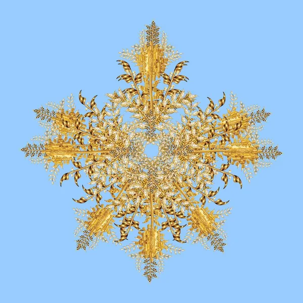 Snowflake Dengan Daun Emas Elemen Vintage Pada Latar Belakang Berwarna — Stok Foto