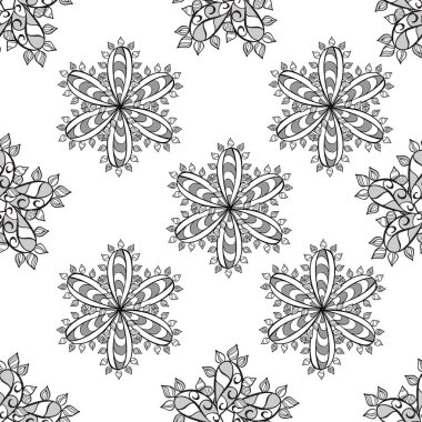 Kusursuz desenli, beyaz arka planda karalama yapraklı çiçekler. Vektör.