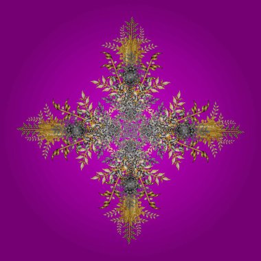 Gümüş ve gri mahsullü kar taneleri. Eski model. Yapraklar. Şablon. Şube. Noel zamanı. Vektör çizimi. Kar taneleri radyal altın renkler.