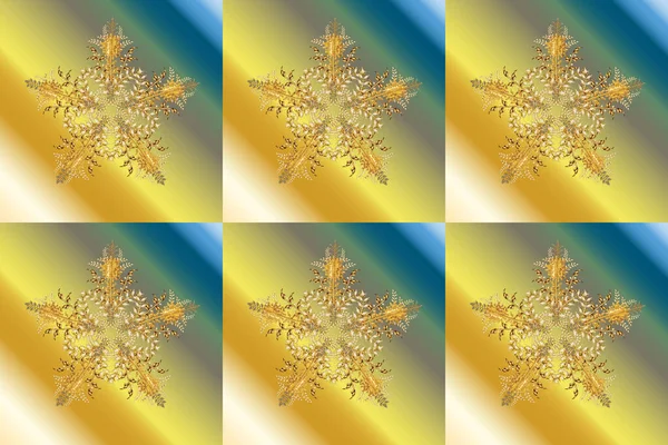 カラフルな背景に金色の葉のヴィンテージ要素を持つ雪の結晶 ブランチ 新年のシンボルです クリスマスだ ヴィンテージ パノ写真 — ストック写真