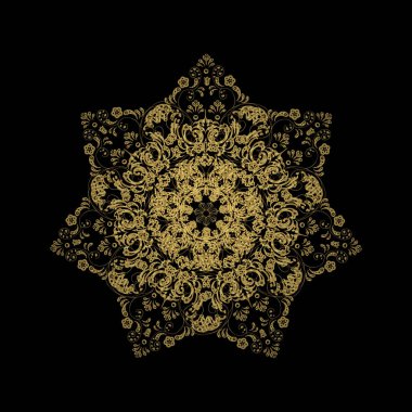 Koyu siyah arka plandaki altın karalamalar kar taneleri tarzında. Vektör.