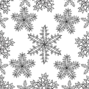 Kusursuz desenli, beyaz arka planda karalama yapraklı çiçekler. Vektör.