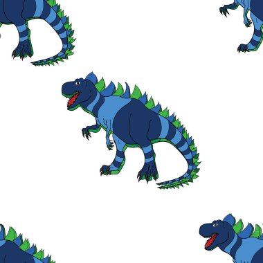 Dinozorlarla birlikte geometrik kusursuz desen. Renkli kertenkele benzeri dinozorlar paketleme ya da giydirme için. Saurischian dinozorları. Raster illüstrasyonu. Mavi ve beyaz renkler.