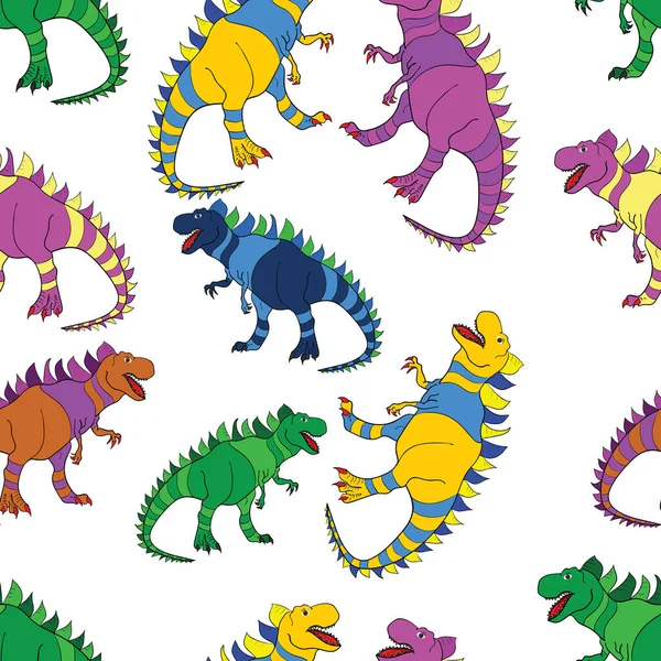 Naadloos Patroon Met Dinosaurussen Gekleurde Hagedis Achtige Dinosaurussen Voor Verpakking — Stockvector
