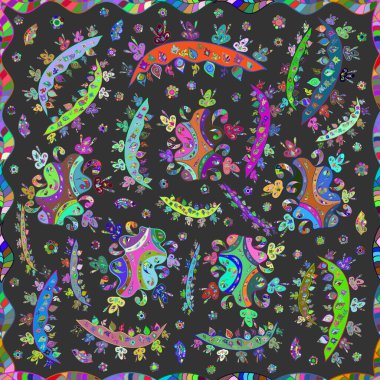 Renkli arkaplanda ilginç karalamalar olan kusursuz desen. Raster illüstrasyonu.