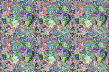 Renkli arkaplanda ilginç karalamalar olan kusursuz desen. Pano. Raster illüstrasyonu.