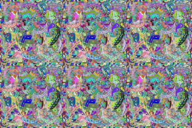 Renkli arkaplanda ilginç karalamalar olan kusursuz desen. Pano. Raster illüstrasyonu.