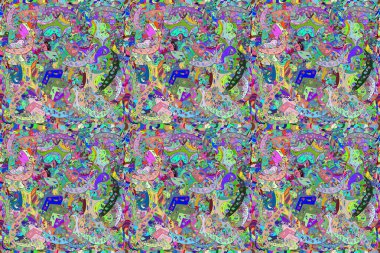 Renkli arkaplanda ilginç karalamalar olan kusursuz desen. Pano. Raster illüstrasyonu.