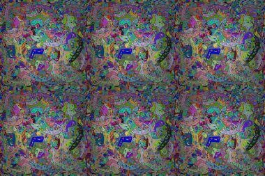 Renkli arkaplanda ilginç karalamalar olan kusursuz desen. Pano. Raster illüstrasyonu.