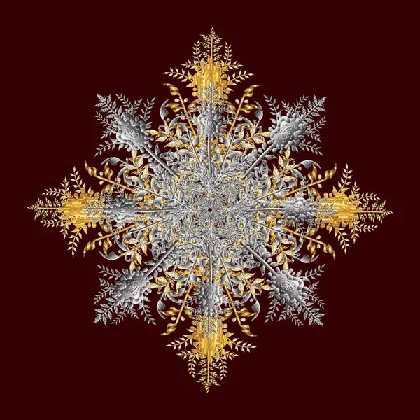 シルバーとグレーのヴィンテージ素材のスノーフレーク ヴィンテージ パターンだ ブランチ クリスマスだ ベクトルイラスト 雪片放射状黄金の色 — ストックベクタ