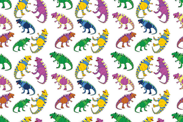 Geometric seamless pattern with dinosaurs. Colored lizard-like dinosaurs for packaging or clothing. Saurischian dinosaurs.