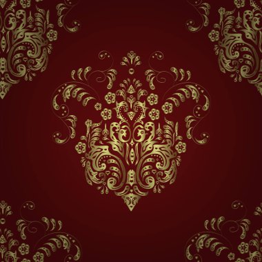 Renkli arka planda altın elementlerle kusursuz klasik desen. Üç boyutlu. Vektör.