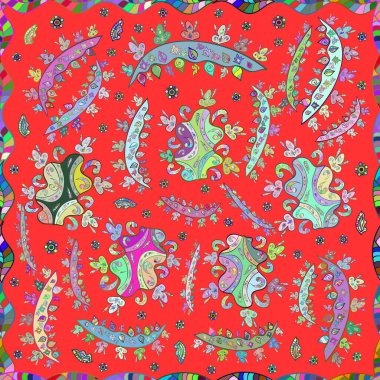 Renkli arkaplanda ilginç karalamalar olan kusursuz desen. Vektör illüstrasyonu.