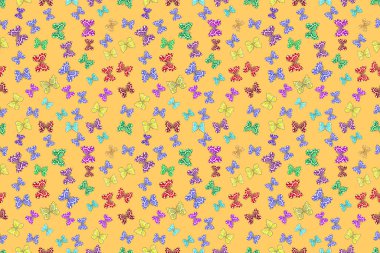 Renkli arkaplanda ilginç karalamalar olan kusursuz desen. Pano. Raster illüstrasyonu. Kelebekler.