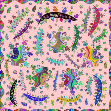 Renkli arkaplanda ilginç karalamalar olan kusursuz desen. Vektör illüstrasyonu.