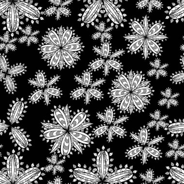 Siyah arka planda beyaz karalamalı, kusursuz desen. Raster resmi.