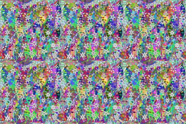 Renkli arkaplanda ilginç karalamalar olan kusursuz desen. Pano. Raster illüstrasyonu.