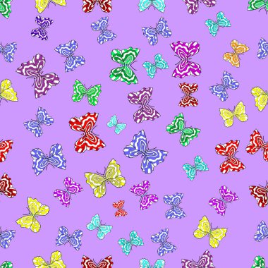 Renkli arkaplanda ilginç karalamalar olan kusursuz desen. Vektör çizimi. Kelebekler.