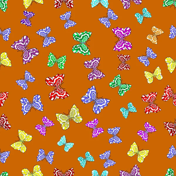 Nahtloses Muster Mit Interessanten Kritzeleien Auf Farbigem Hintergrund Vektorillustration Schmetterlinge — Stockvektor